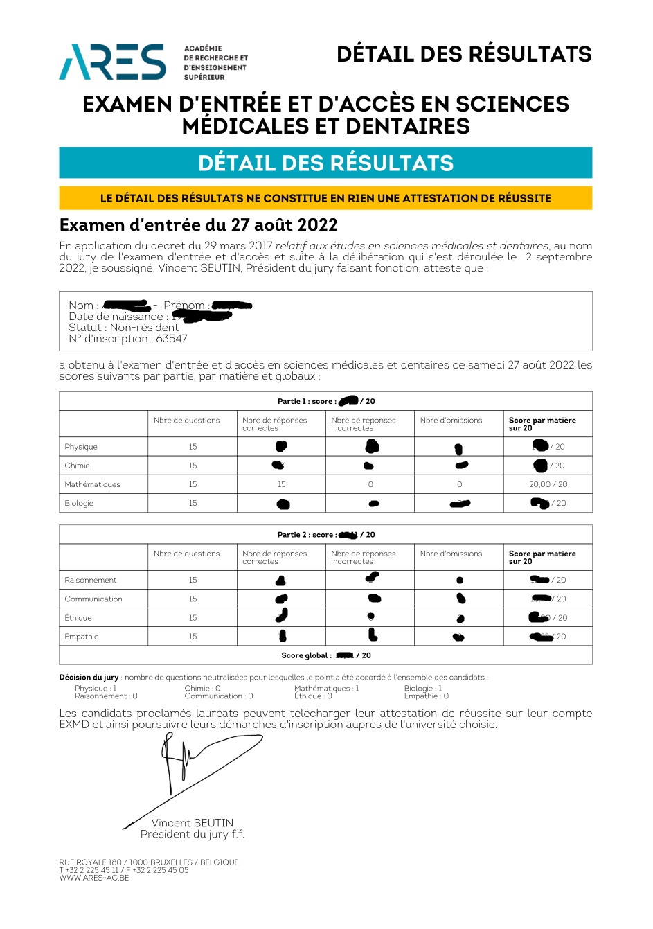 Exemple de résultats — préparation concours médecine Belgique